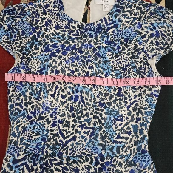 Reiss Livia Cutout Midi Dress Sz 2 Blue Abstract Leg Slit Silky Party Date Night - Picture 9 of 12